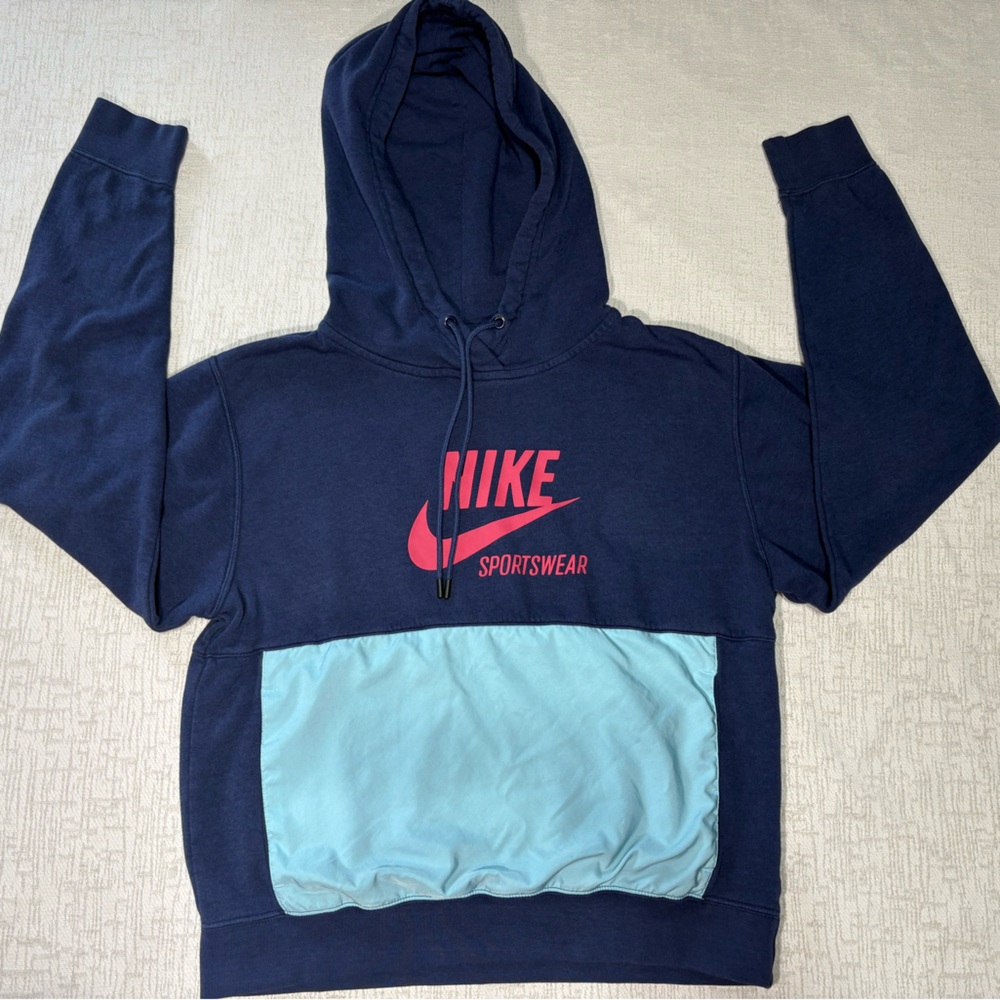 Nike Navy and Sky Blue Hoodie with Pink Logo Women’s Small